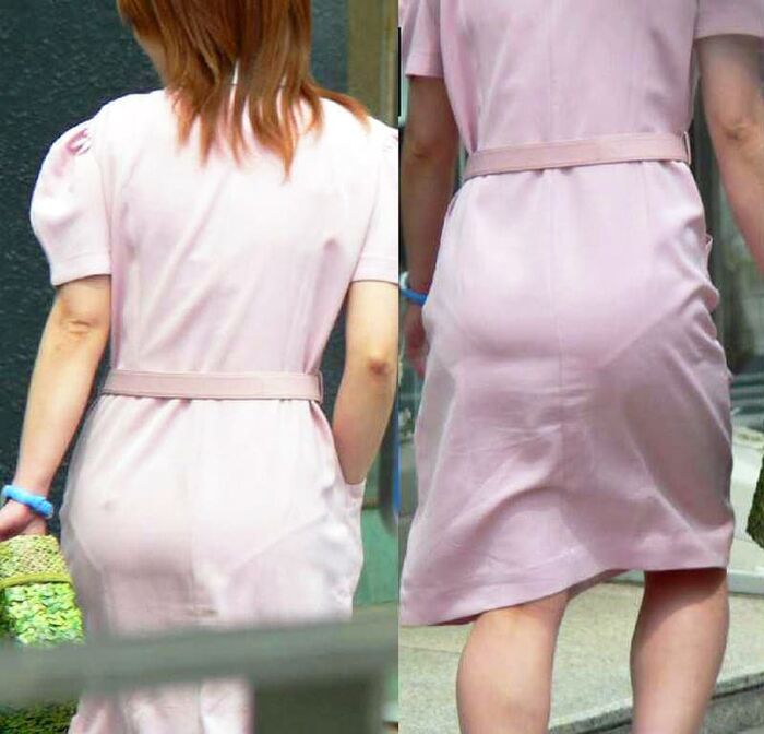 Erotic image of the back view of the shopping nurse's white coat showing through the pants 11th image