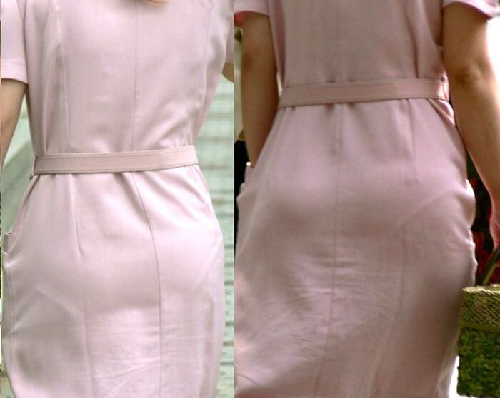 Erotic image of the back view of the shopping nurse's white coat showing through the pants 12th image