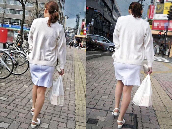 Erotic image of the back view of the shopping nurse's white coat showing through the pants 15th image