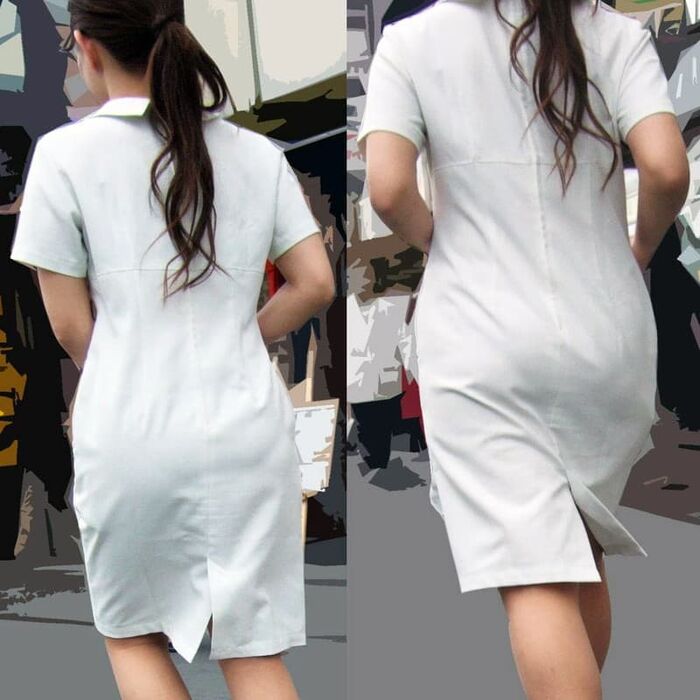 Erotic image of the back view of the shopping nurse's white coat showing through the pants 21th image