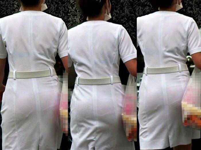 Erotic image of the back view of the shopping nurse's white coat showing through the pants 34th image