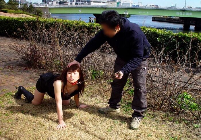 Outdoor training! Erotic images of a female dog tied to a collar and left for a walk or left alone 23th image