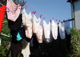 A collection of images of laundry with a large amount of underwear hanging out to dry on the balcony or in the garden