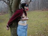 There is a woman who is crucified in the open air while naked ... The ultimate shame play outdoor bondage erotic image that you can't escape even if you're embarrassed