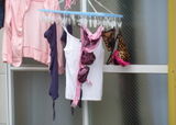 A collection of images of hanging on the balcony of sexy lingerie that is a class of underwear