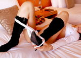 Erotic image of wearing boots and Mr./Ms. and taking off pants before shoes