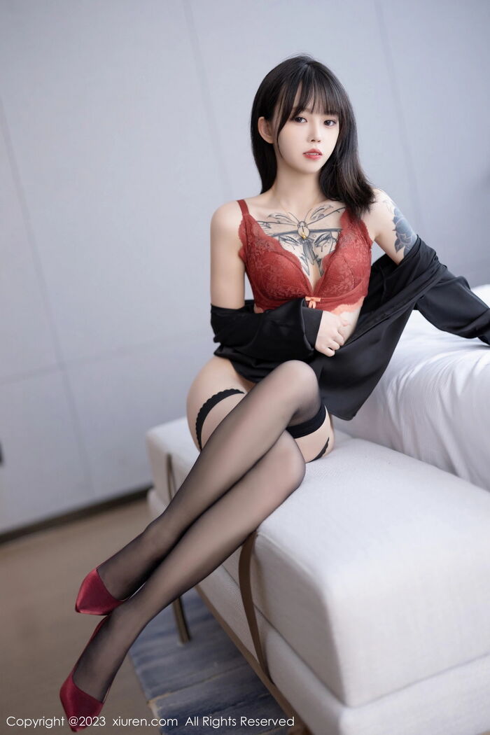 [XiaoYu画语界]Vol.1063_模特奶瓶黑色衬衫配红色短裙露红色蕾丝内衣黑丝吊袜魅惑写真81P 60th image